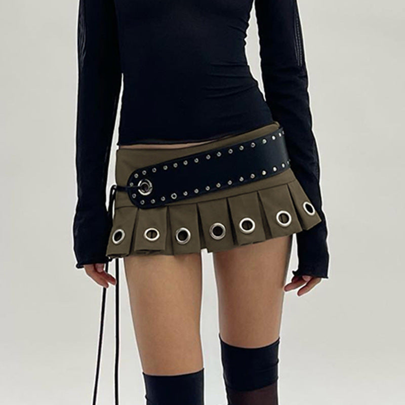 Sexy Mini Skirt Lace Up Leather Big Belt Street Punk Sexy Pleated Skirt