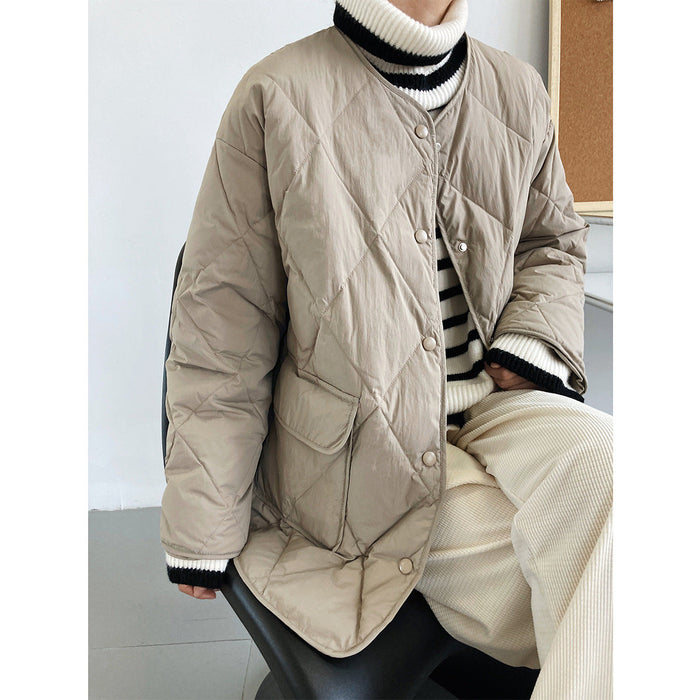 White Duck Down Rhombus Down Jacket Women Lightweight Thin Type Loose Warm Varsity Jacket