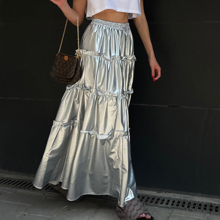 Fall Women Clothing Metallic Coated Fabric Niche Design Silver Metal High Waist Mid Length Tiered Skirt