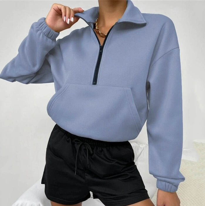 Autumn Women Clothing Loose Zip Collar Long Sleeve Sweatshirt Tops