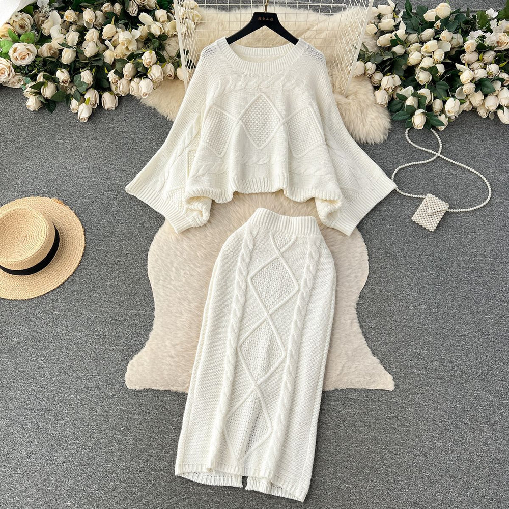 French Lazy Two Piece Dress of Knitted Sweater Women Autumn Winter Twist Batwing Sleeve Top Sheath Skirt Set