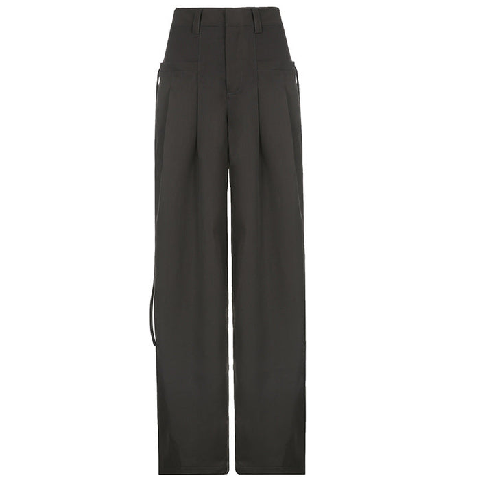 Retro Street High Grade sexy Loose Wide-Leg Pants Elegant Pleated Pocket All Matching Casual Mopping Pants Trousers