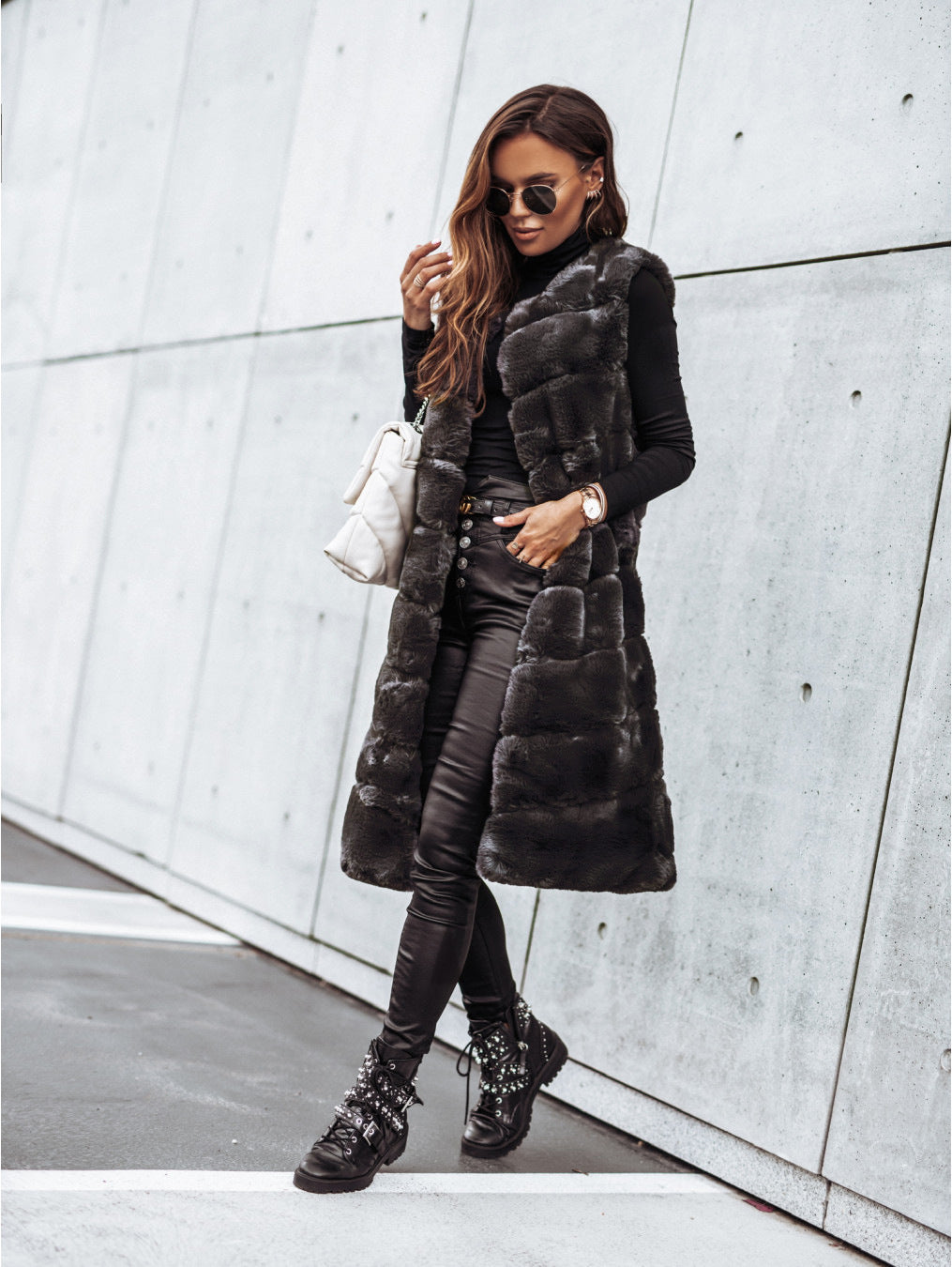 Women Clothing Autumn Winter round Neck Fur Vests Long Vest Coat