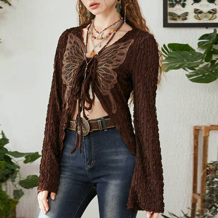 Niche Retro Texture Butterfly Tied Top Sexy Irregular Asymmetric V Neck Long Sleeve Cardigan Autumn