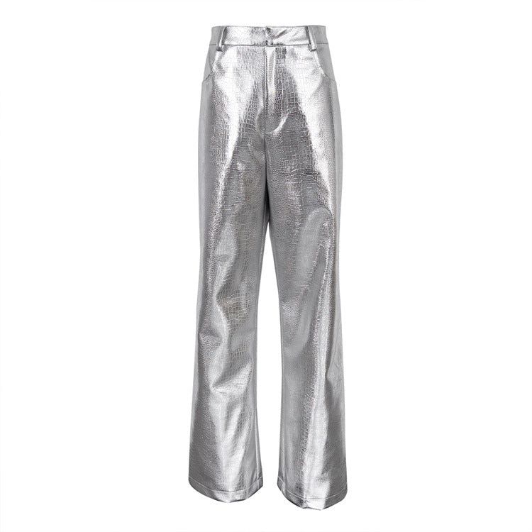 Metallic Coated Fabric Autumn Winter Silver Pants Scale Pattern High Waist Long Straight Pants for Women