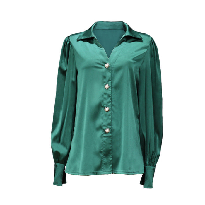 Autumn Special Interest Design Lantern Sleeve Casual Loose Satin Women Shirt