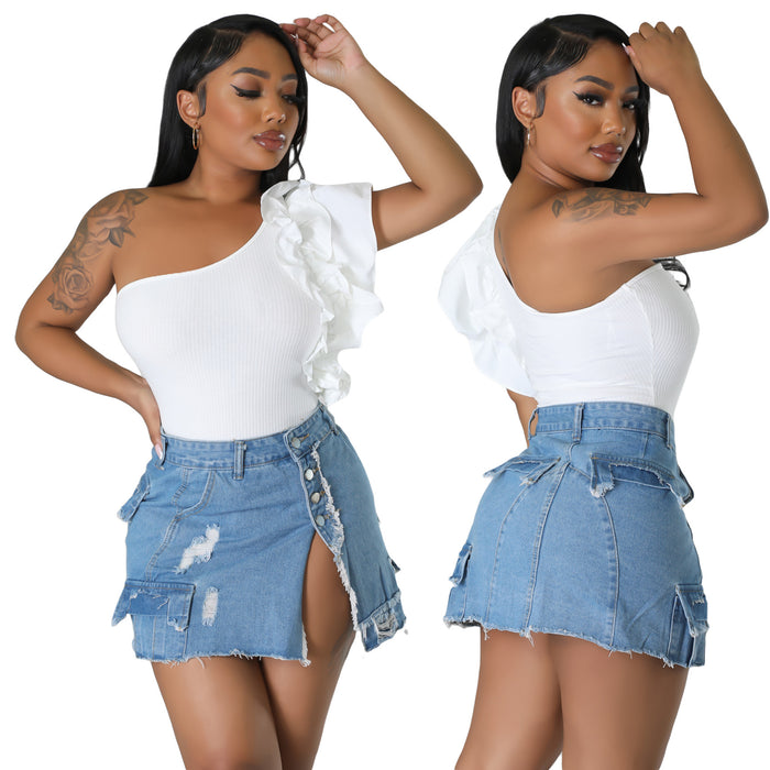 Women Sexy Slim Fit Ripped Pocket Denim Skirt Hip Skirt Nightclub Skirt