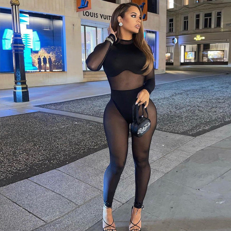 Early Spring Women Sexy Mesh See Through Stitching High Waist Tight Casual One Piece Trousers