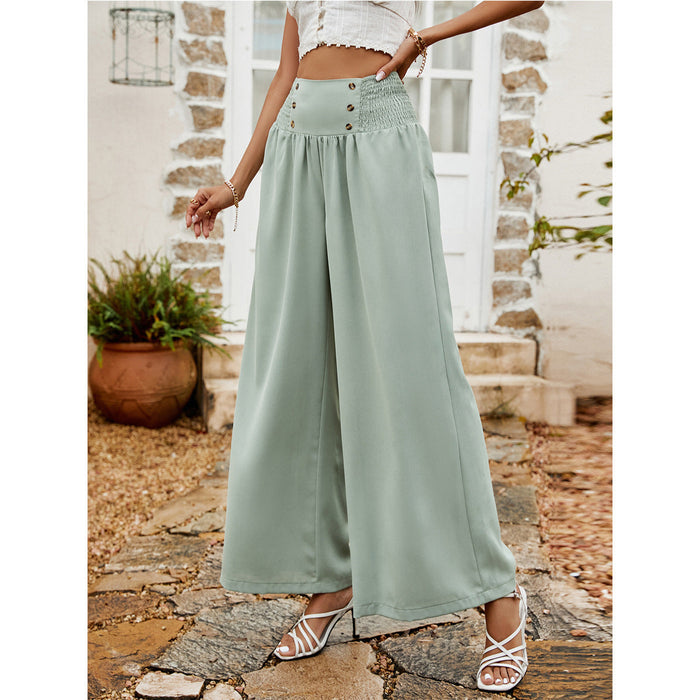 Spring Summer Casual Pants Pleating Button High Waist Women Wide Leg Pants