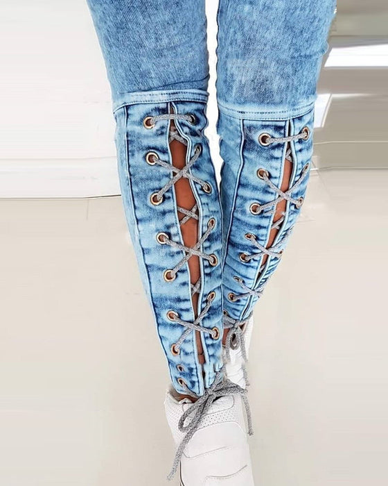 Autumn High Waist Slimming Jeans Women Personality Bandage Feet