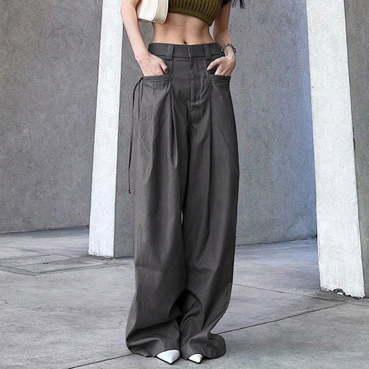 Retro Street High Grade sexy Loose Wide-Leg Pants Elegant Pleated Pocket All Matching Casual Mopping Pants Trousers