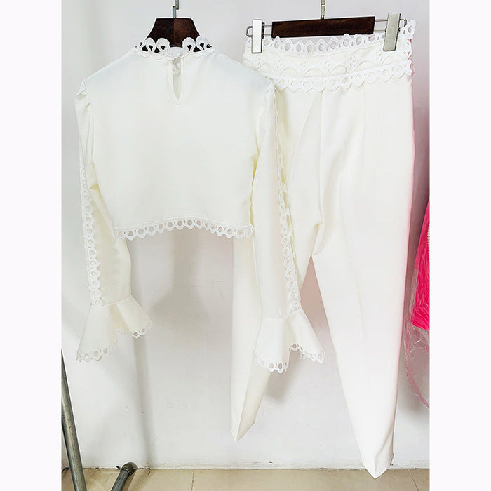 Goods Stars Hollow Out Cutout Lace Bell Sleeve Short Top Skinny Pants Suit Two Piece Set