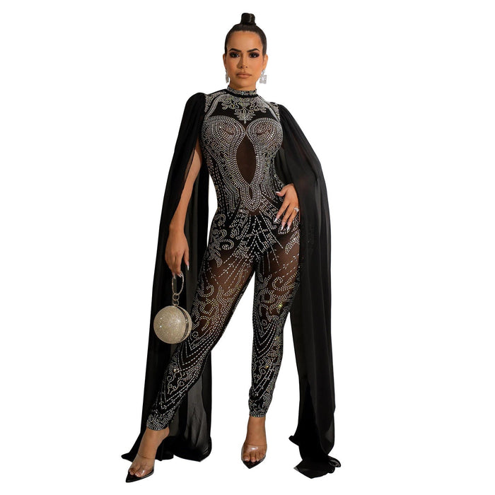 Autumn Winter Women Clothing Sexy Mesh Rhinestone See through Nightclub Jumpsuit Women