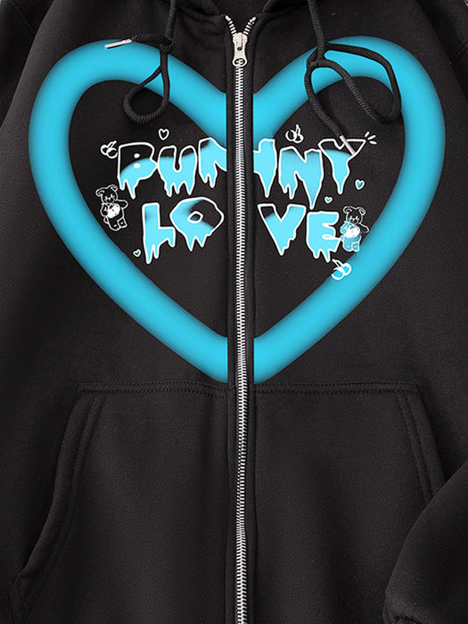 Heart Printing Hoodie Personality Casual Zip Coat Trendy Women Clothing