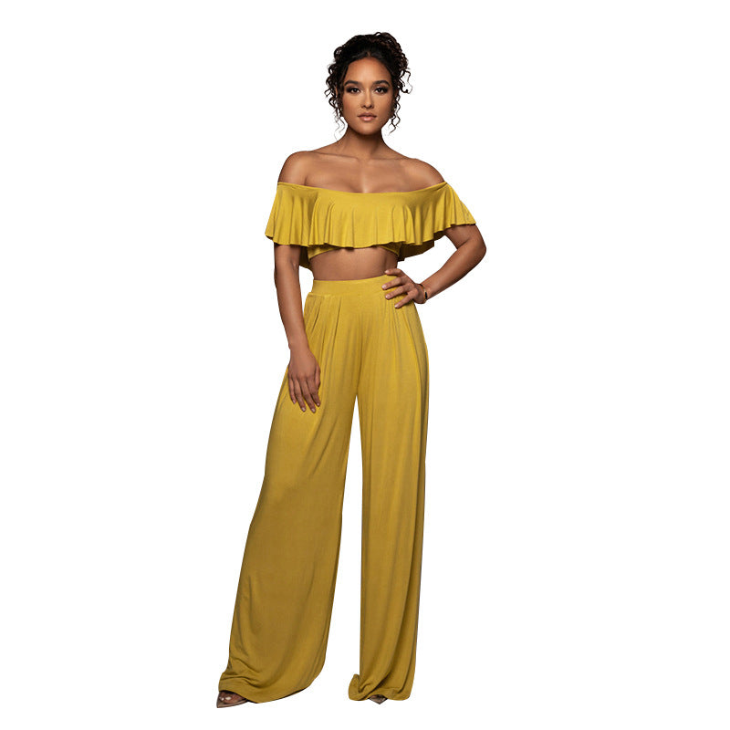 Sexy off-Neck Lotus Leaf Tube Top Cropped Top Women Clothing Casual Wide Leg Pants Suit