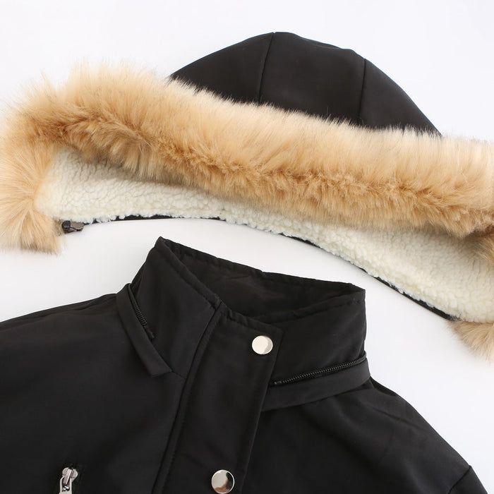 Autumn Winter  Women Clothing Thick Lambskin Cotton-Padded Coat Women Loose Women Cotton Clothes Removable Hat Fleece Padded Coat