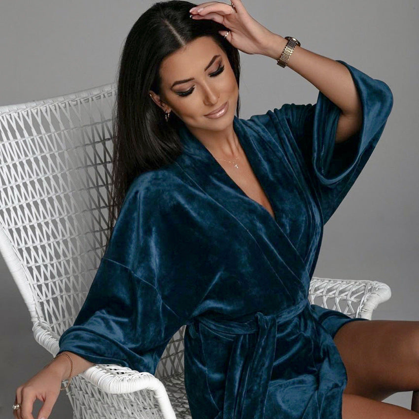 Fall Home Wear Crystal Velvet Deep V Plunge Plunge Sexy 3/4 Sleeve Nightgown Comfortable Bathrobe Warm Women Pajamas