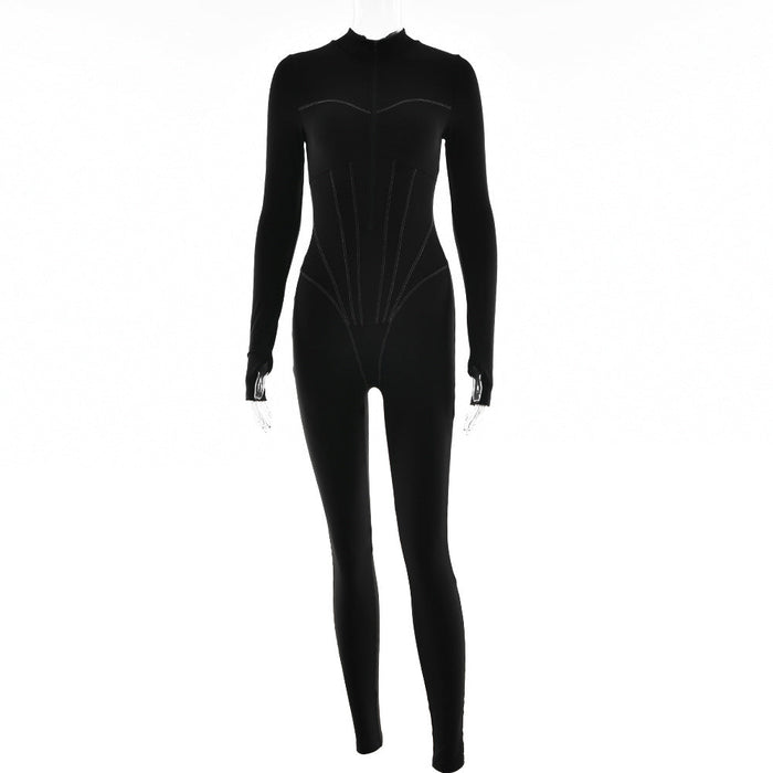 Women  Clothing Sexy Tight Zipper Jumpsuit Autumn Long Sleeve round Neck Leggings