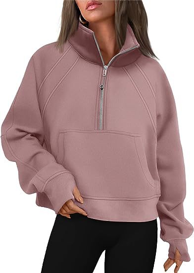 Women Clothing Half Zipper Short Stand Collar Thumb Hole Brushed Hoody