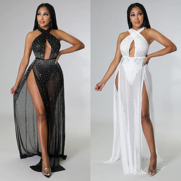 Autumn Winter Women Clothing Sexy Mesh See through Rhinestone Split Dress Women