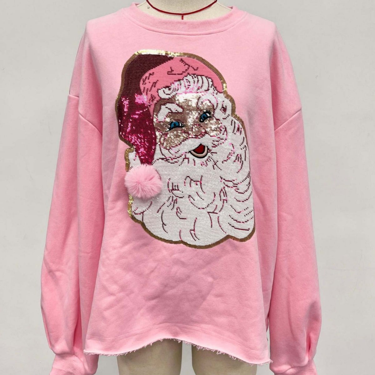 Ladies Christmas Santa Claus Sequined Embroidered Cotton Loose Casual Pullover