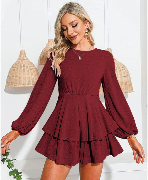 Fall Women Clothing Solid Color Sexy Backless Lantern Long Sleeve Ruffled Culottes Romper