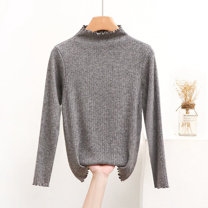 Women Half Turtleneck Slimming Stretch Sweater Spring Autumn Western Slim Fit Long Sleeve Bottoming Sweater Wooden Ear