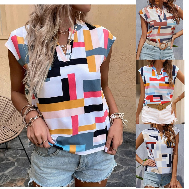 Summer Geographical Print Cropped Neckline Batwing Sleeve V neck Pullover Women Top