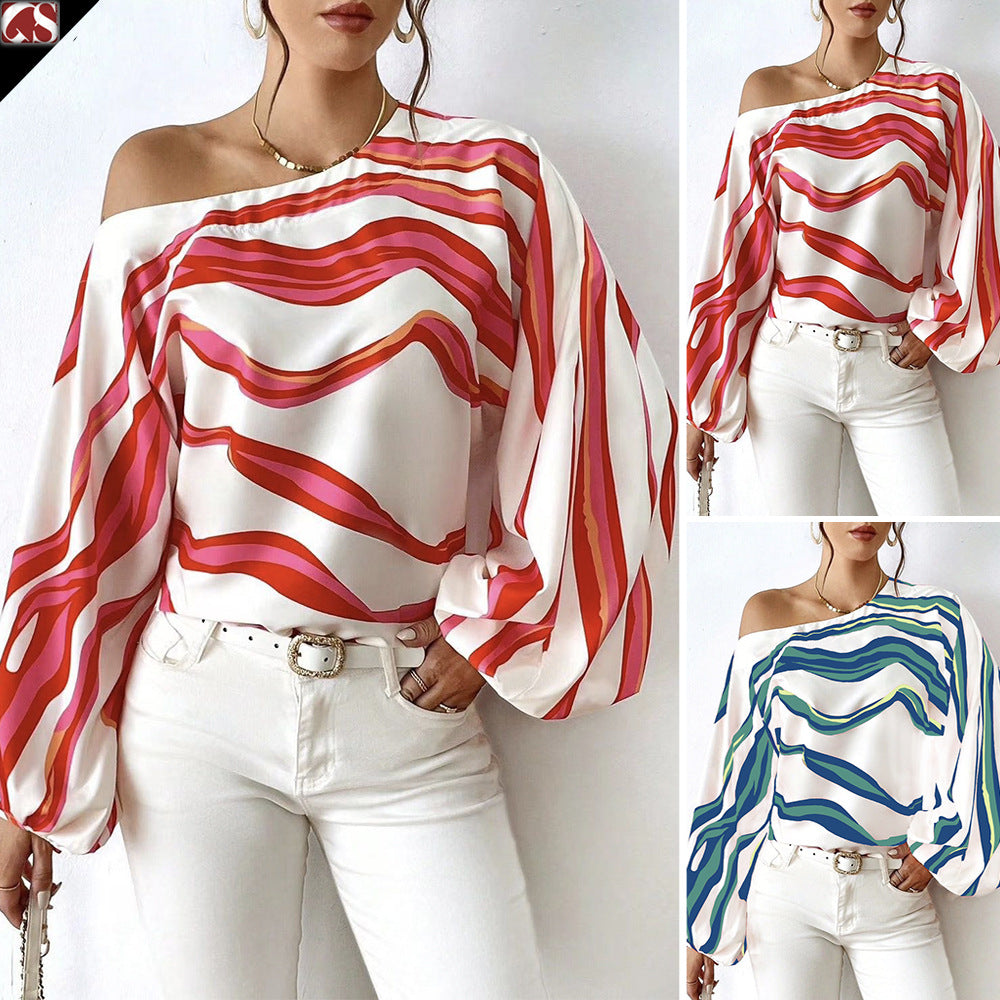 Goods Spring Summer Elegant off Shoulder off-Neck Printed Loose Women Shirt