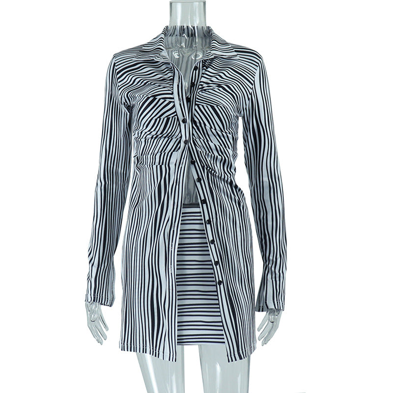 Women Clothing Polo Collar Striped Single Breasted Shirt Misty Short Chic Suit