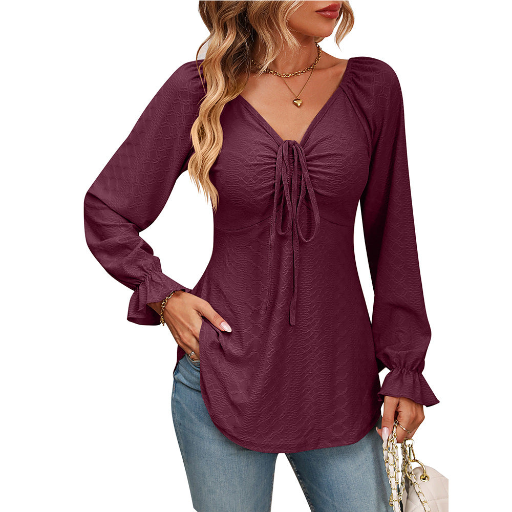 Fall Arrival Women Clothing V Neck Drawstring Girdle Sexy Long Sleeve Solid Color T Shirt