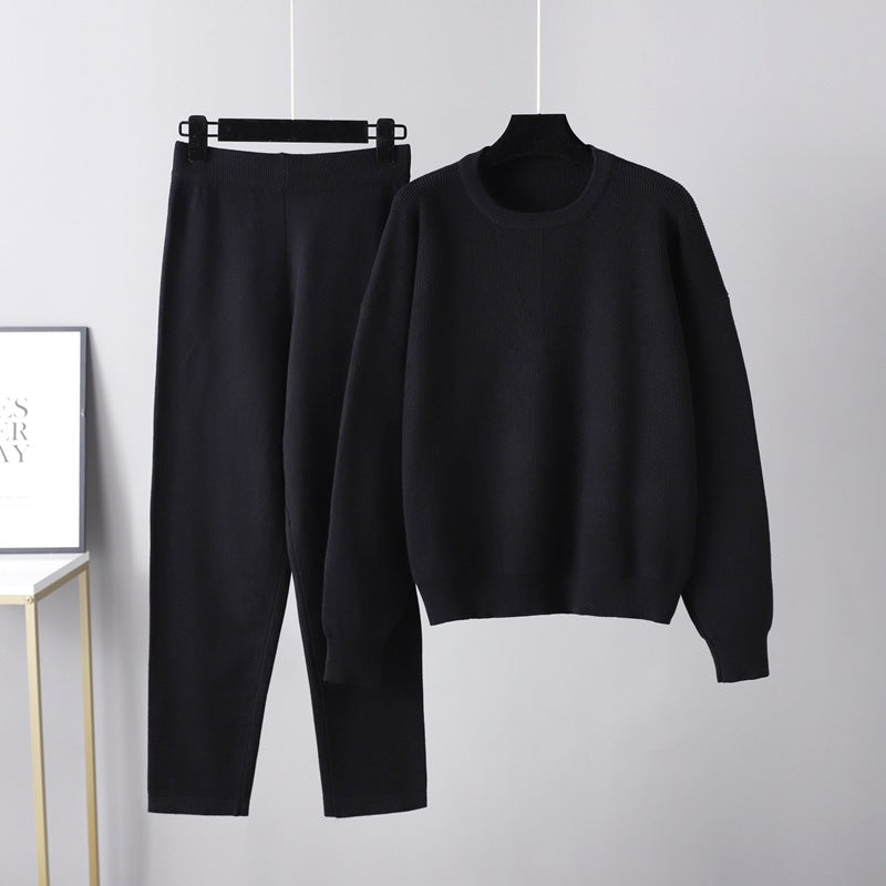Autumn Winter Loose Casual Sweater Two Piece Set Solid Color Knitting Suit Women
