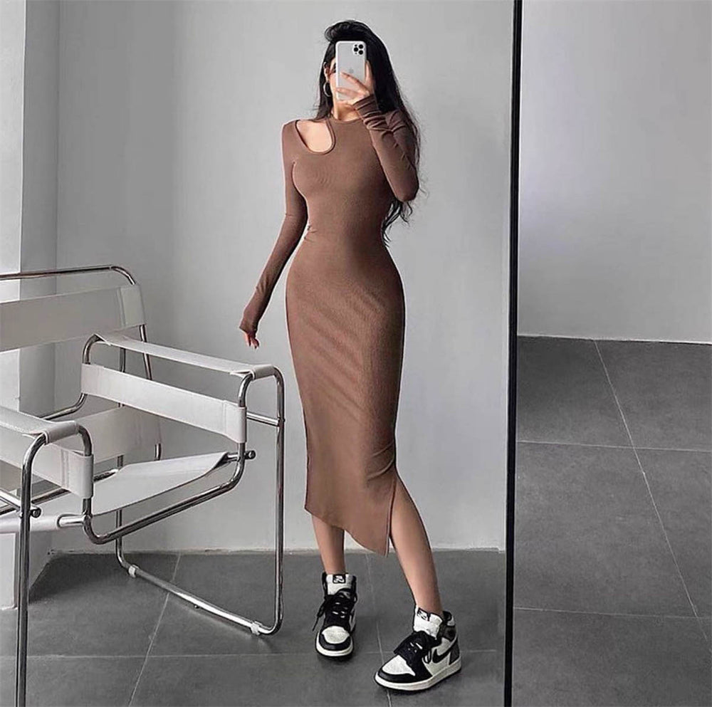 Women Hollow Out Cutout round Neck Tight Rib Dress Autumn Winter Sexy Base Slit Midi Dress Long Sleeve