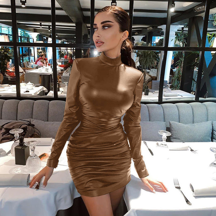 Metallic Coated Fabric Women Clothing Winter Sexy Slimming Pleated Long Sleeve Narrow Dress