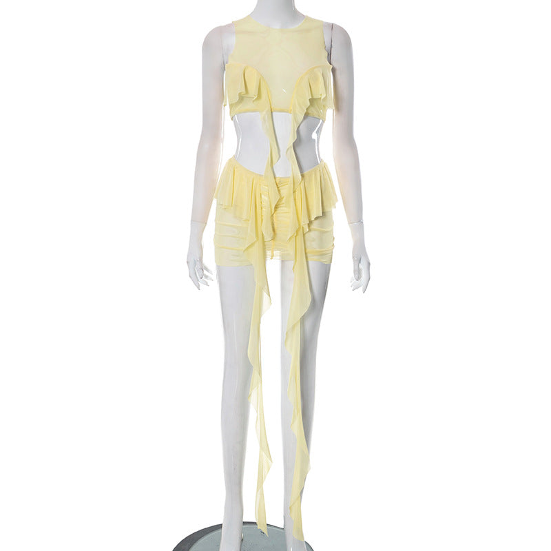 Women Clothing Spring Summer Sleeveless Short Vest Mesh See through Mid Length Skirt Set