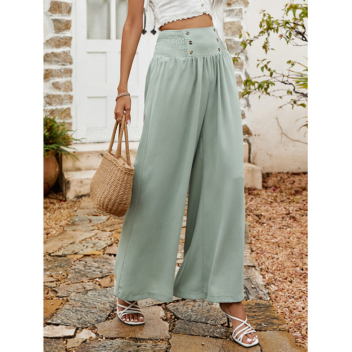 Spring Summer Casual Pants Pleating Button High Waist Women Wide Leg Pants