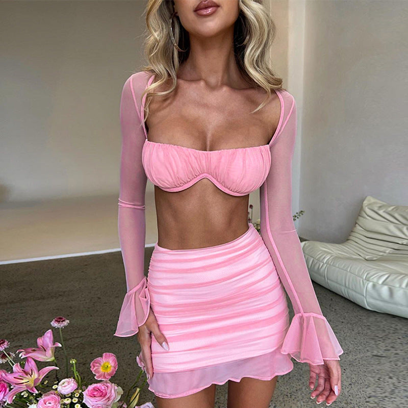 Fall Women Clothing Sexy Flared Sleeve Mesh Top Pleated Skinny Hip Dress Two Piece Set