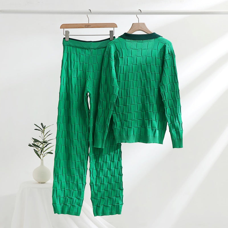 Fashionable Knitted Woven Suit Spring Autumn Korean Half Open Collar Pullover Top Trousers Women Two Piece Suit