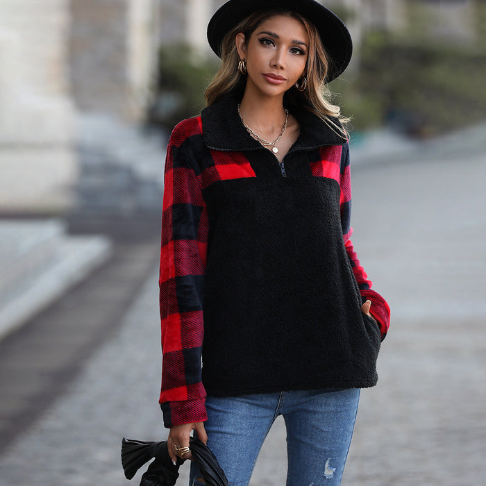 Autumn Plush Women Clothing Half Long Sleeve Zipper Stand Collar Stitching Double Sided Flannel Plaid Pullover Sweater