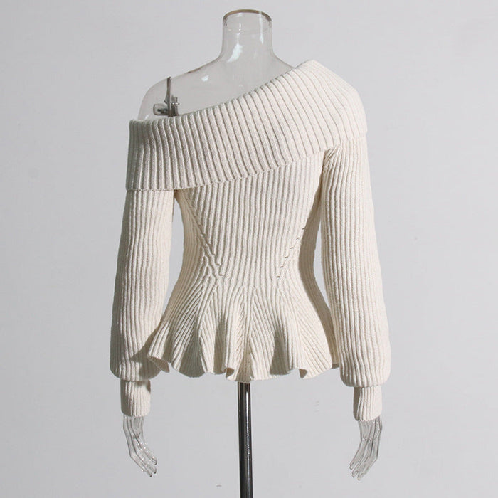 Autumn Winter Oblique Shoulder Ruffles Hem Waist Slimming Solid Color Knitted Sweaters Women Clothing