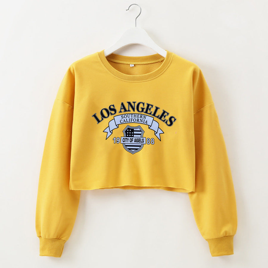 Women Clothing Autumn Winter Los Angeles Letter Graphic Printed Short Long-Sleeved Sweater