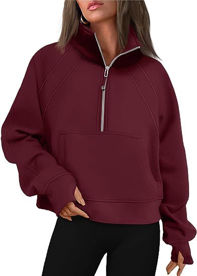 Women Clothing Half Zipper Short Stand Collar Thumb Hole Brushed Hoody