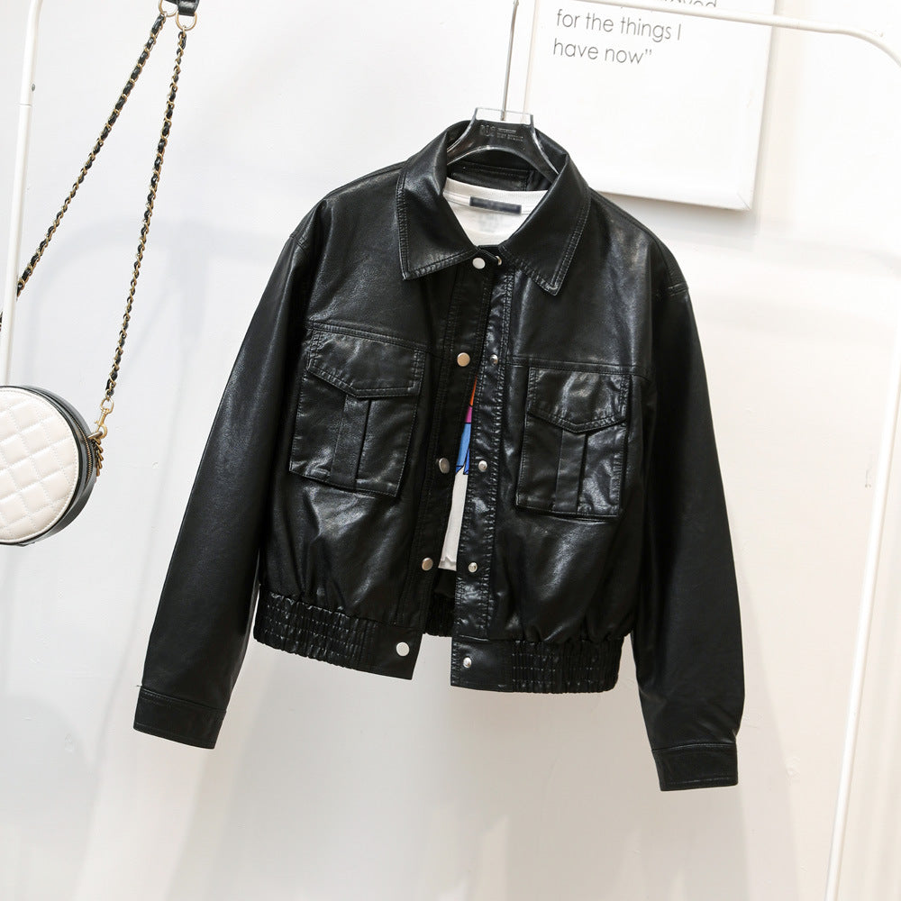 Single Breasted Collared Faux Leather Coat Pocket Motorcycle Clothing Leather Jacket Korean Fashionable Coat Women Short Spring Autumn