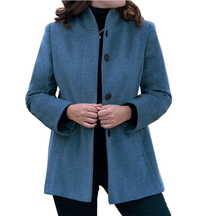 Autumn Winter Simplicity Long Sleeve Collared Button Slim-Fit Woolen Coat Women