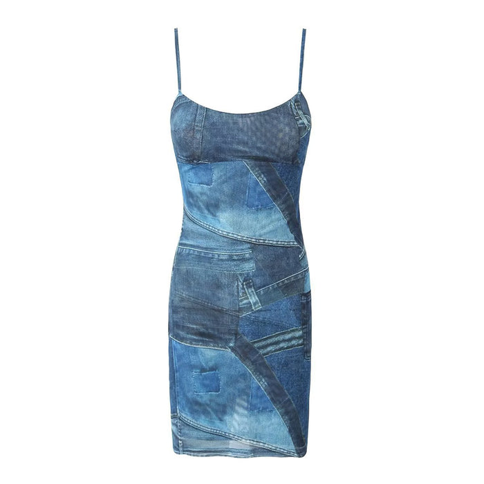 【MOQ-5 packs】 Autumn Women Clothing Double Layer Denim Blue Mesh Printing Slip Dress