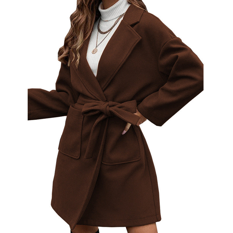 Autumn Winter Simplicity Long Sleeve Collared Button Split Belt Coat Women