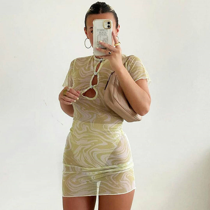 Spring Summer New Sexy Hollow Out Cutout Clinch See-through Dress Women