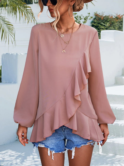 Spring Summer Solid Color Ruffles Lantern Sleeve Irregular Asymmetric Top