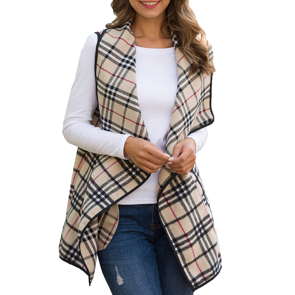 Spring Summer Women Clothing Vest Top Plaid Collared Sleeveless Cape Woolen Coat