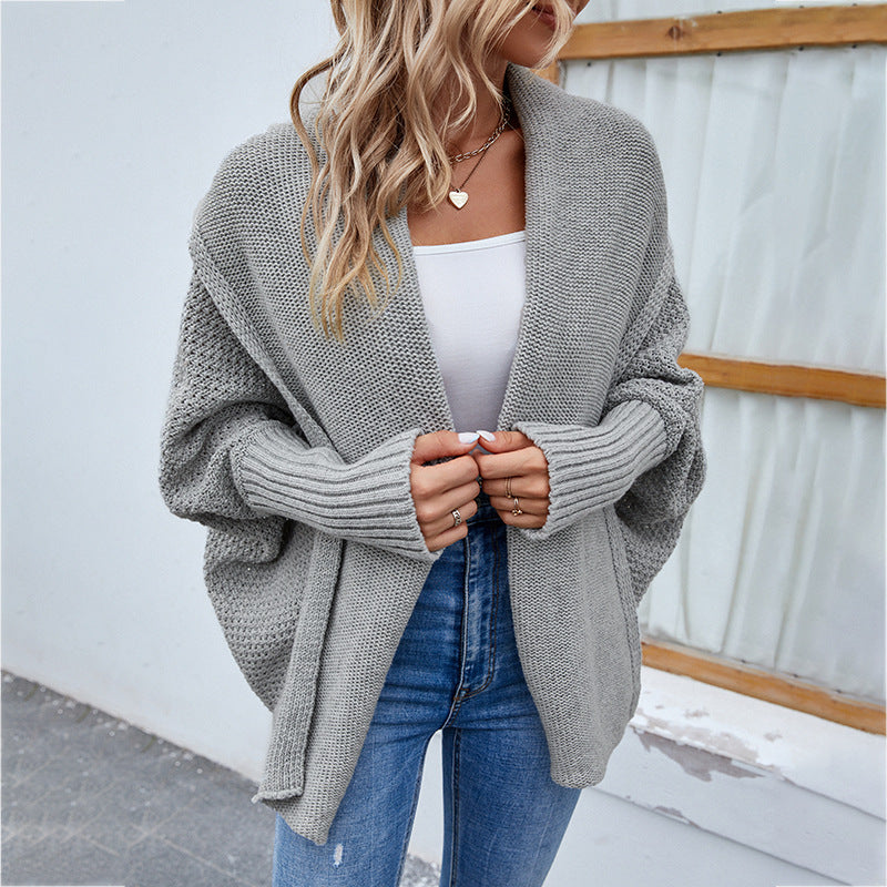 Autumn Winter Women Knitted Sweater Solid Color Batwing Sleeve Sweater Cardigan Coat Women